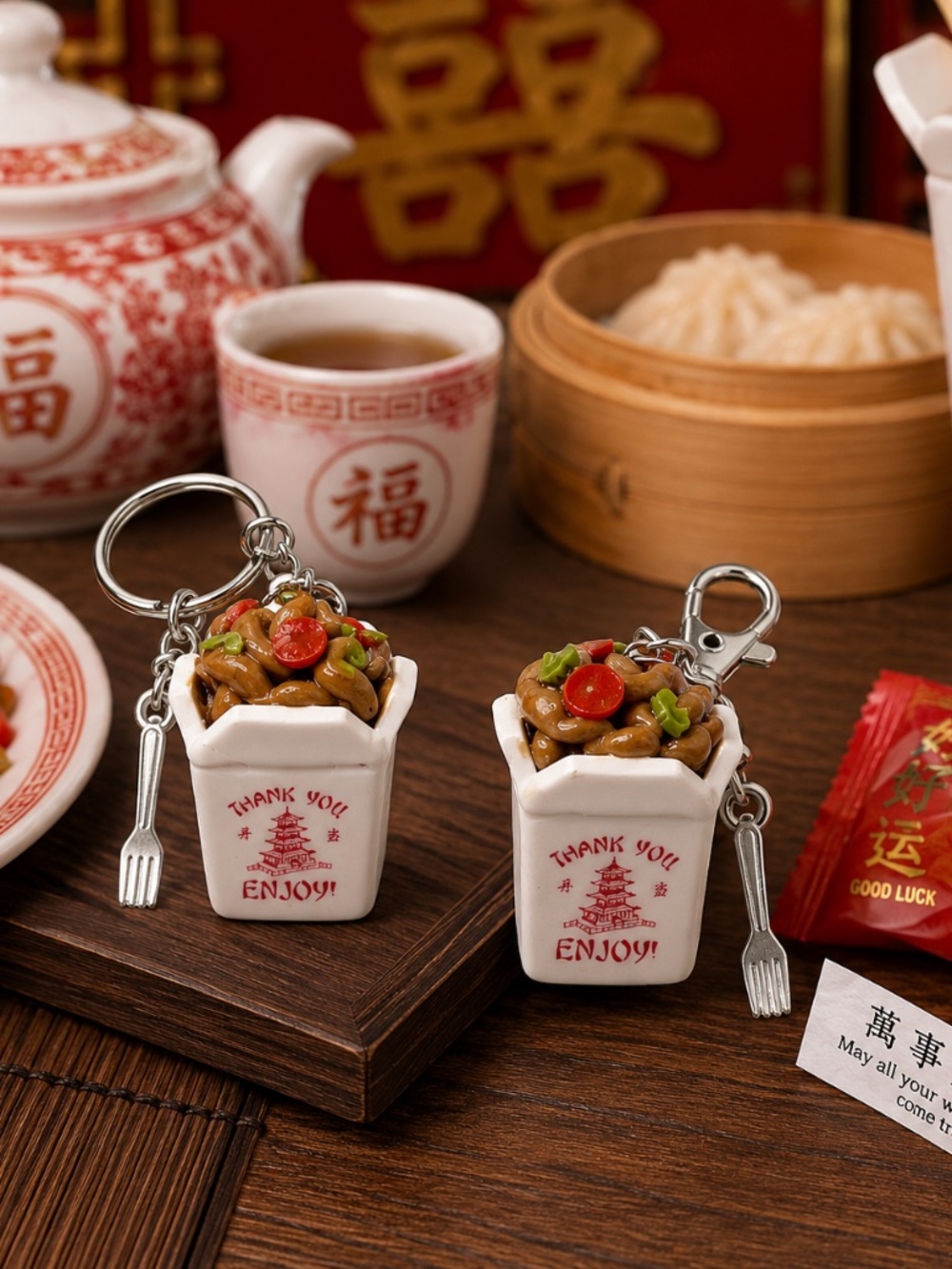 Chinese Food Takeout Box Lo Mein Keychain or Bag Clip | Handmade Noodles